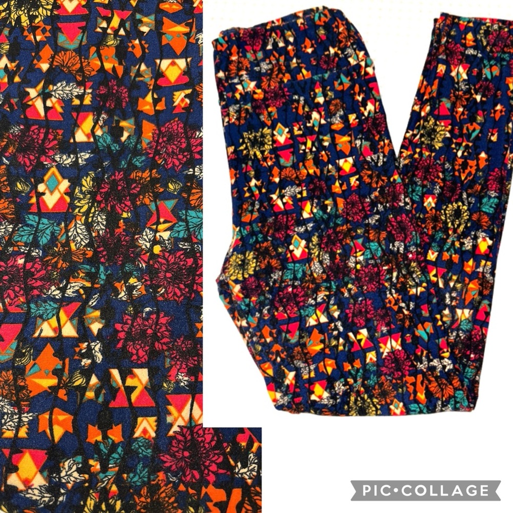 LuLaRoe OS One Size Leggings Colorful Abstract Print Navy Blue Orange Pink